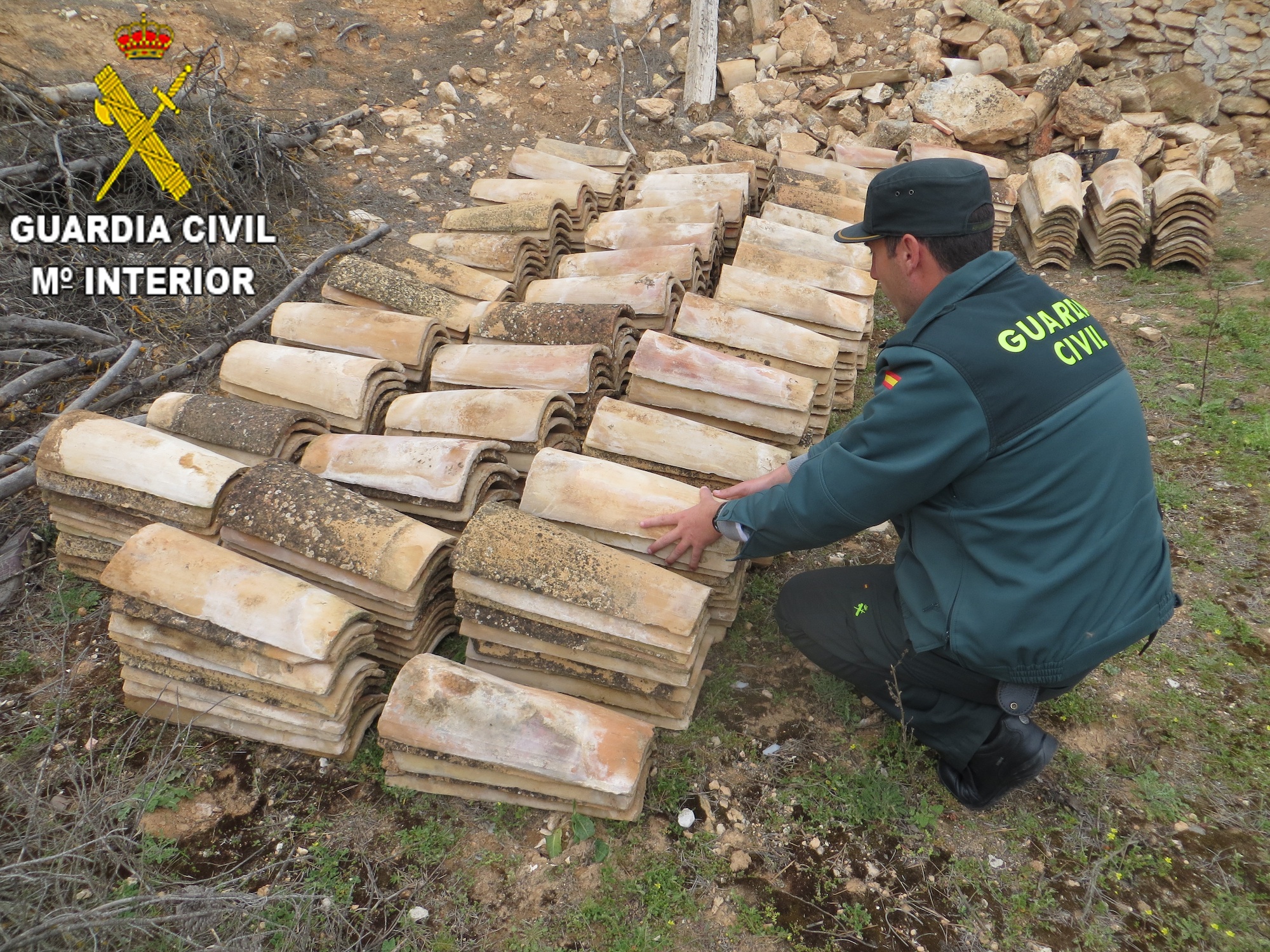 Los agentes junto a las tejas que se querían sustraer.