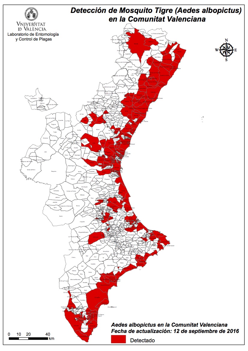 Mapa de la extensión del mosquito tigre en septiembre de 2016.