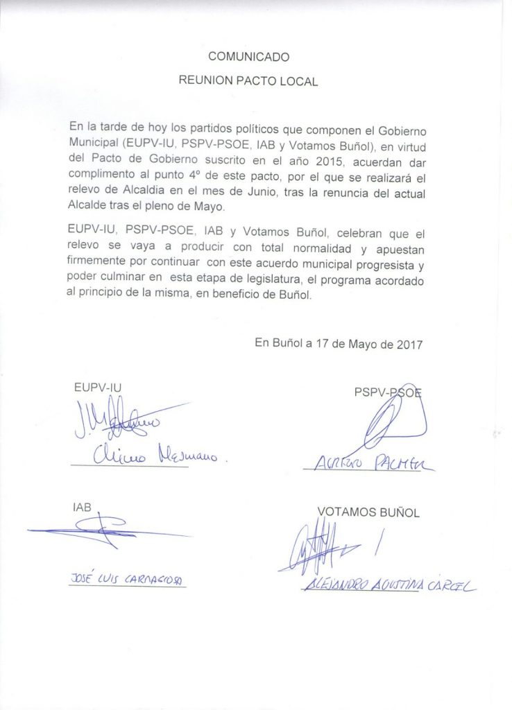 Documento facilitado por los cuatro partidos políticos firmantes del acuerdo de gobierno en Buñol.
