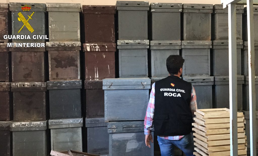 Un agente de la Guardia Civil ante varias colmenas.