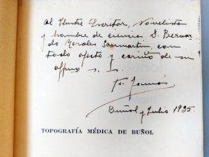 Anteportada de la Topografía Médica de Buñol (ed. 1935) dedicada por su autor, Facundo Tomás al escritor valenciano Bernardo Morales.