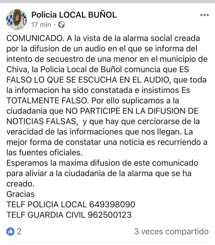 Comunicado emitido por la Policía Local de Buñol.