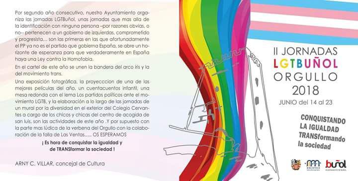 El Ayuntamiento de Buñol organiza por segundo año consecutivo las Jornadas LGTBuñol.
