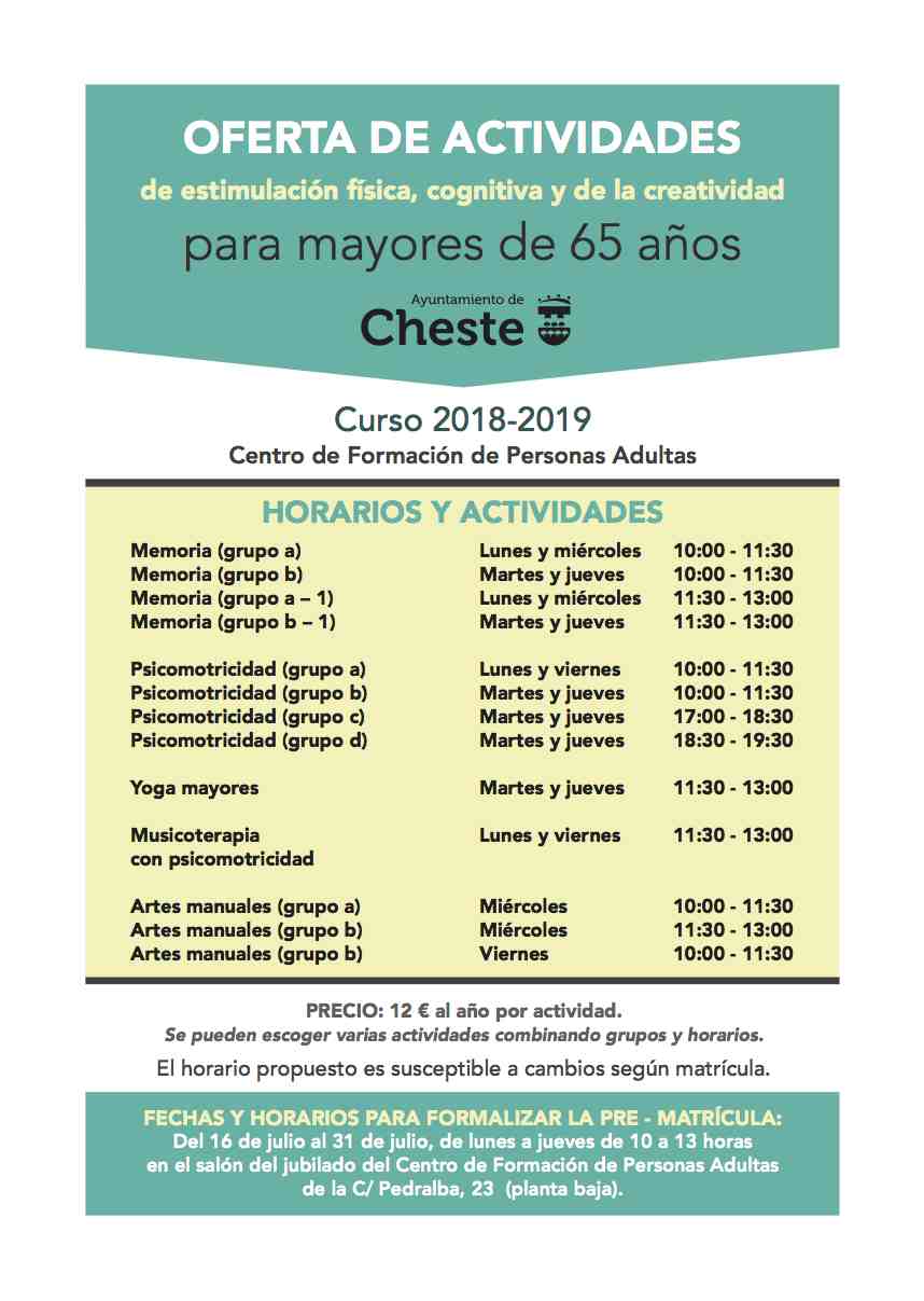 La pre-matrícula estará abierta desde el 16 al 31 de julio de lunes a jueves en horario de 10 a 13 horas en el salón del jubilado del Centro de Formación de Personas Adultas.