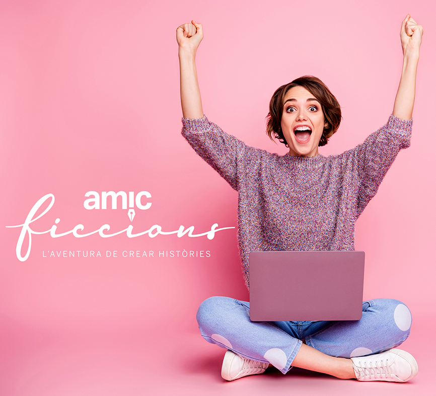 Portrait of nice attractive lovely charming cheerful cheery brown-haired girl sitting in lotus pose using laptop rising hands up celebrating attainment isolated over pink pastel color background