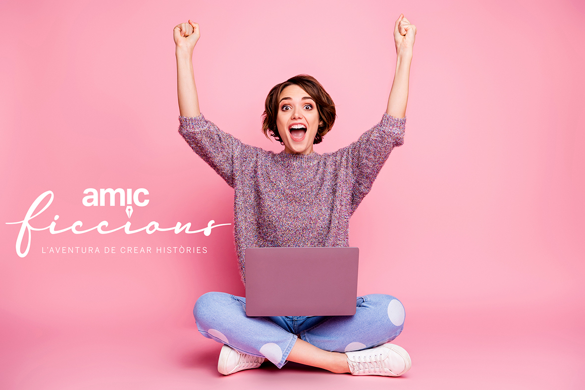 Portrait of nice attractive lovely charming cheerful cheery brown-haired girl sitting in lotus pose using laptop rising hands up celebrating attainment isolated over pink pastel color background
